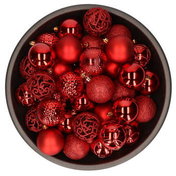 37x stuks kunststof kerstballen rood 6 cm mix - Kerstbal