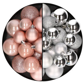 Kerstballen 60x stuks - mix lichtroze/zilver - 4-5-6 cm - kunststof - Kerstbal
