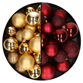 Kerstballen 60x stuks - mix donkerrood/goud - 4-5-6 cm - kunststof - Kerstbal