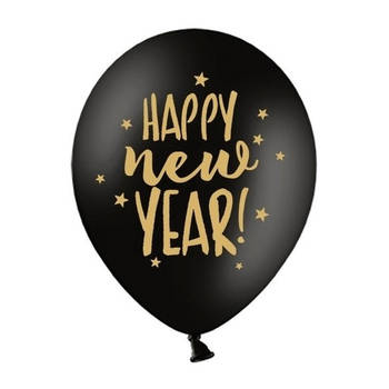 6x Happy New Year ballonnen met ster zwart 30 cm - Ballonnen