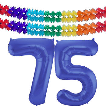 Leeftijd feestartikelen/versiering grote folie ballonnen 75 jaar paars 86 cm + slingers - Ballonnen