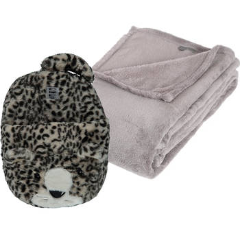 Fleece deken lichtgrijs 125 x 150 cm met voetenwarmer slof cheetah one size - Voetenwarmers