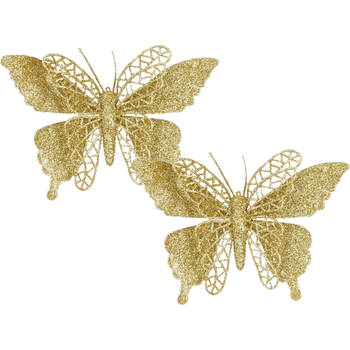 House of Seasons kerst vlinders op clip - 2x st - goud glitter - 16 cm - Kersthangers