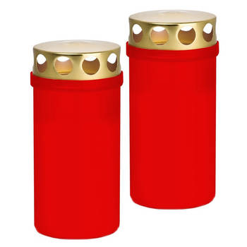 Trend candles grafkaars/gedenklicht - 2x - rood - kunststof - met deksel - 6 x 12,6 cm - 2 dagen - Stompkaarsen