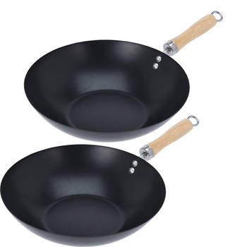 Excellent Houseware Wok/hapjes/bak pan - 2x stuks - met antiaanbaklaag - staal - D30 cm - Koekenpannen