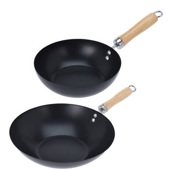 Excellent Houseware Wok/hapjes/bak pannen - 2x stuks - met antiaanbaklaag - staal - D20 en D30 cm - Koekenpannen