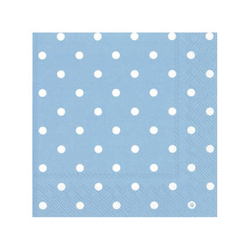60x Polka Dot 3-laags servetten licht blauw met witte stippen 33 x 33 cm - Feestservetten