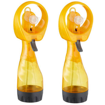 Cepewa Ventilator/waterverstuiver voor in je hand - 2x - Verkoeling in zomer - 25 cm - Geel - Handventilatoren