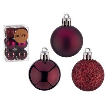 Krist+ kleine kerstballen - 12x stuks - wijn/bordeaux rood - kunststof -4 cm - Kerstbal
