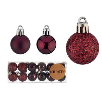 Krist+ mini kerstballen - 12x stuks - wijn/bordeaux rood - kunststof -3 cm - Kerstbal