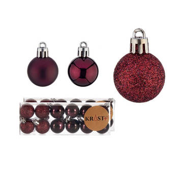 Krist+ mini kerstballen - 24x stuks - wijn/bordeaux rood - kunststof -3 cm - Kerstbal