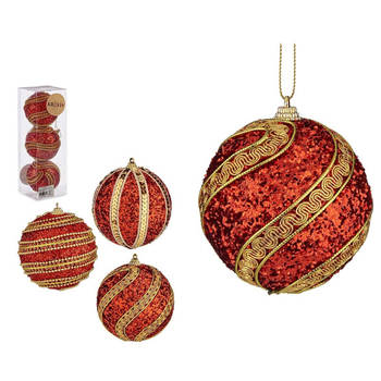 Krist+ kerstballen - 12x - rood/goud - kunststof - gedecoreerd -8 cm - Kerstbal