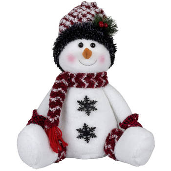 Pluche decoratie sneeuwpop - 36 cm - met witte muts - zittend - Kerstman pop