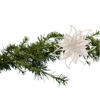 Cosy and Trendy kerst bloem op clip - wit -14 cm -glitters - kunststof - Kersthangers