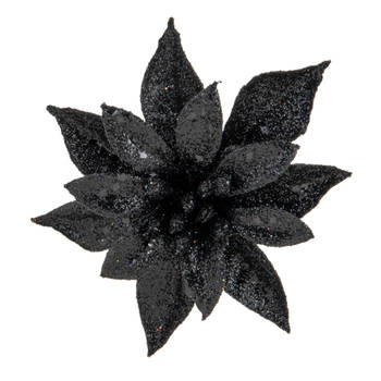 Cosy and Trendy kerst bloem op clip - zwart -8 cm - glitters - Kersthangers