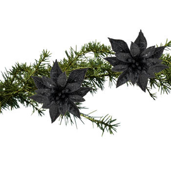 Cosy and Trendy kerst bloemen op clip - 2x- zwart -8 cm - glitters - Kersthangers