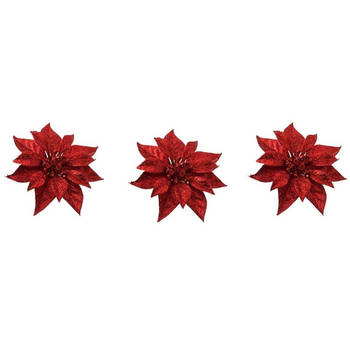 3x Kerstversieringen kerststerren bloemen rode op clip - Kersthangers
