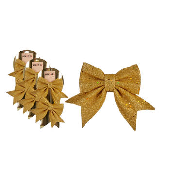 6x stuks kerstboomversieringen kleine ornament strikjes/strikken gouden glitters 14 x 12 cm - Kersthangers