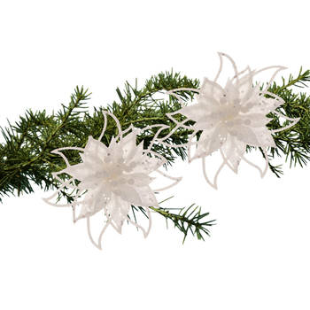 Cosy and Trendy kerst bloem op clip -2x - wit -14 cm -glitters - Kersthangers
