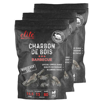 Elite Barbecue/BBQ houtskool - 3x zak van 15 Liter - Restaurant kwaliteit kolen - Briketten