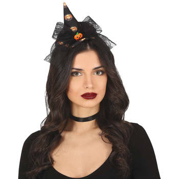 Halloween heksenhoed - mini hoedje op diadeem - one size - zwart/oranje - meisjes/dames - Verkleedhoofddeksels