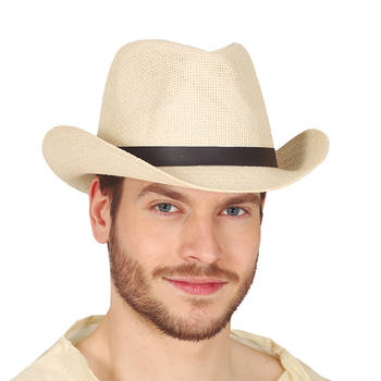 Guirca Cowboyhoed van stro voor heren - verkleed accessoires - beige - met band - Verkleedhoofddeksels