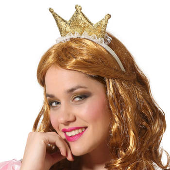 Atosa Verkleed diadeem kroon - goud - mini hoedje - meisjes/dames - Prinses/Koningin - Verkleedhoofddeksels