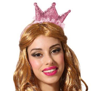 Atosa Verkleed diadeem kroon - roze - mini hoedje - meisjes/dames - Prinses/koningin - Verkleedhoofddeksels