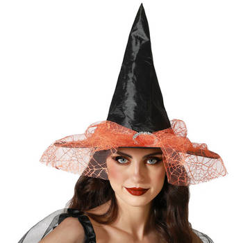 Halloween heksenhoed - met sluier&nbsp; - one size - zwart/oranje - meisjes/dames - Verkleedhoofddeksels