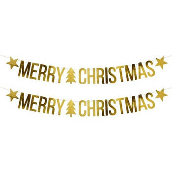 2x Merry Christmas kerst feest/party banners letterslingers versiering karton 175 cm - Feestslingers