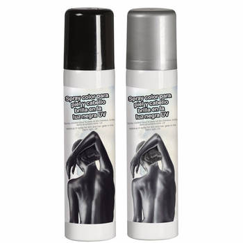 Guirca Haarspray/bodypaint spray - 2x kleuren - zilver en zwart - 75 ml - Verkleedhaarkleuring