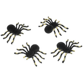Chaks nep spinnen 10 cm - zwart/goud - 4x stuksA - velvet/fluweelA -A Horror/griezel thema decoratie - Feestdecoratievoo