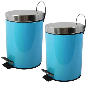 MSV Prullenbak/pedaalemmer - 2x - metaal - turquoise blauw - 3 liter - 17 x 25 cm - Badkamer/toilet - Pedaalemmers