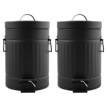 MSV Prullenbak/pedaalemmer - 2x - Industrial - metaal - zwart - 3L - 17 x 26 cm - Badkamer/toilet - Pedaalemmers
