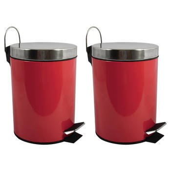 MSV Prullenbak/pedaalemmer - 2x - metaal - rood - 5L - 20 x 28 cm - Badkamer/toilet - Pedaalemmers