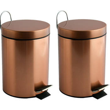 MSV Prullenbak/pedaalemmer - 2x - metaal - koper kleurig - 3 liter - 17 x 25 cm - Badkamer/toilet - Pedaalemmers