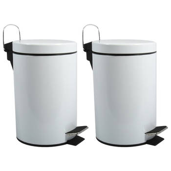 MSV Prullenbak/pedaalemmer - 2x - metaal - wit - 5 liter - 20 x 28 cm - Badkamer/toilet - Pedaalemmers