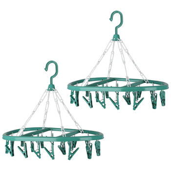 Urban Living Wasgoed droogcarrousel/droogmolen - 2x - 20 clips/knijpers - groen - kunststof - 30 x 42 cm - Hangdroogrek