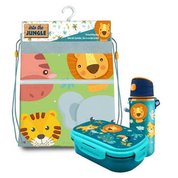 Jungle Kids - Into the jungle lunchbox set kinderen - 3-delig - blauw - incl. gymtas/schooltas - Lunchboxen
