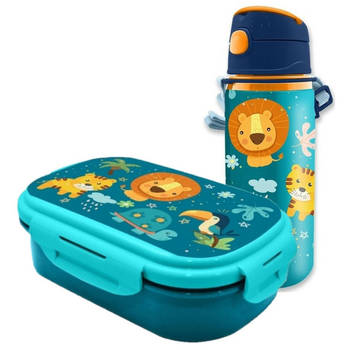 jungle Kids - Into the Jungle - lunchbox set voor kinderen - 2-delig - blauw - kunststof - Lunchboxen