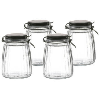 Urban Living Voorraadpot/bewaarpot - 4x - 1,5L - glas - met beugelsluiting - mat zwarte deksel - Voorraadpot