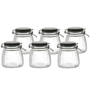 Urban Living Voorraadpot/bewaarpot - 6x - 1L - glas - met beugelsluiting - mat zwarte deksel - Voorraadpot