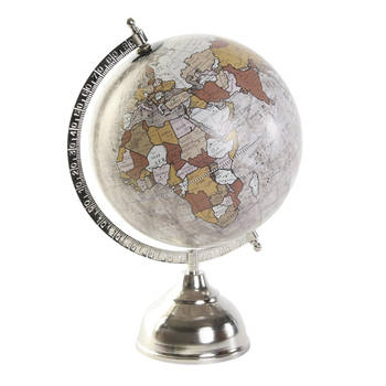 Items Deco Wereldbol/globe op voet - kunststof - beige/zilver - home decoratie artikel - D20 x H30 cm - Wereldbollen