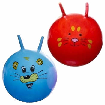 2x stuks speelgoed Skippyballen met dieren gezicht rood en blauw 46 cm - Skippyballen