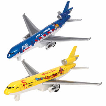 Speelgoed vliegtuigen setje van 2 stuks geel en blauw 19 cm - Speelgoed vliegtuigen