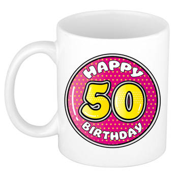 Bellatio Decorations Verjaardag cadeau mok - 50 jaar - roze - 300 ml - keramiek - feest mokken