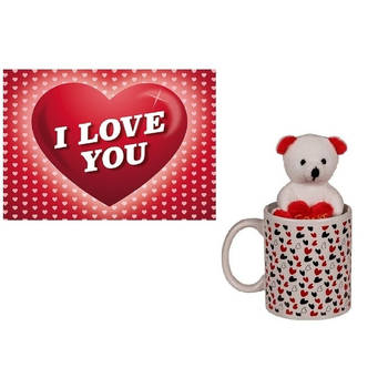 Koffiemok wit met knuffelbeertje en I Love You valentijnskaart - feest mokken