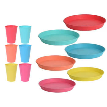 Borden en beker servies set - 12-delig - onbreekbaar kunststof - kleurenmix - Bordjes