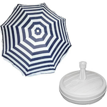 Parasol - Blauw/wit - D140 cm - incl. draagtas - parasolvoet - 42 cm - Parasols