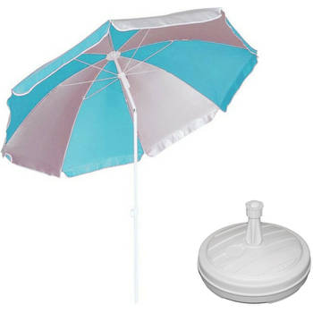 Parasol - Blauw/wit - D120 cm - incl. draagtas - parasolvoet - 42 cm - Parasols